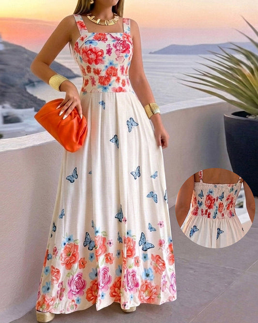 Women's Floral Butterfly Placement Print Cami Dress Shirred Back Sleeveless Vacation Sundress Casual Beach Maxi Dress