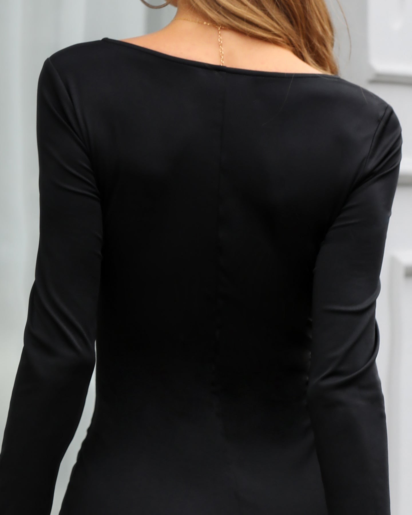 Square Neck Long Sleeve Zipper Back Midi Dress Slit Back Bodycon Dress