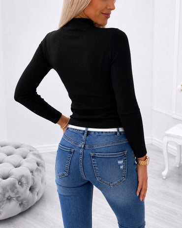 Women's Rhinestone Sheer Mesh Top Mock Neck Long Sleeve Ribbed Knit Top Sparkly Fitted Pullover