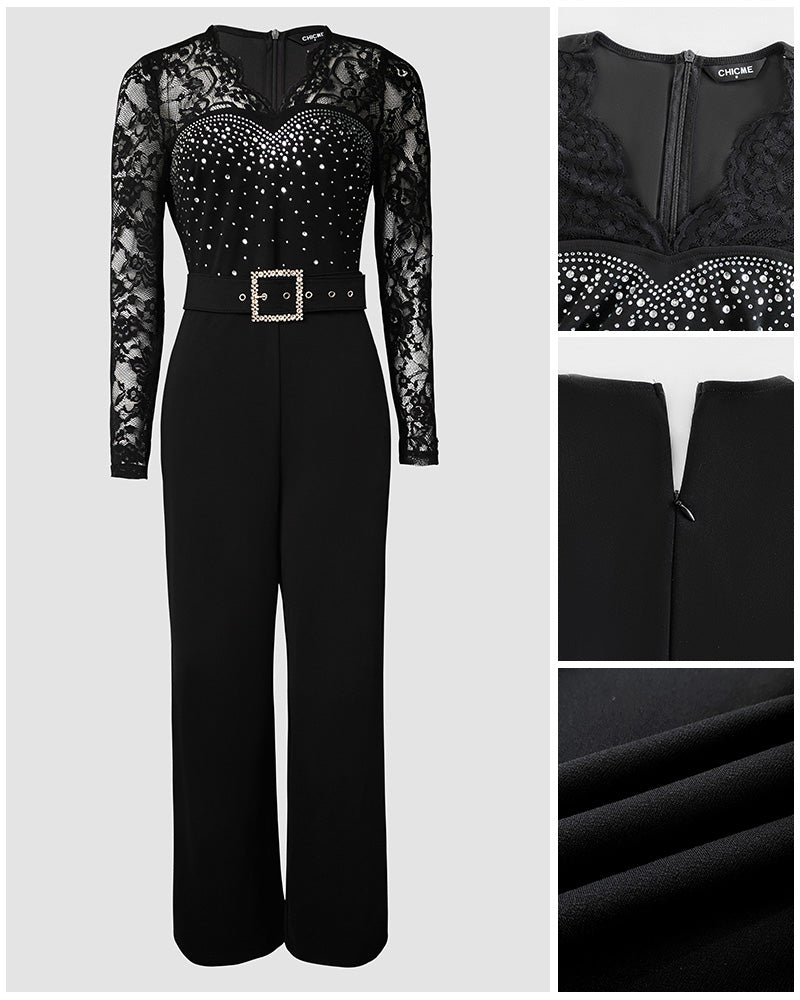 Rhinestone Decor Scallop Trim Deep V-Neck Floral Lace Spliced Overalls High Waist Zipper Back Straight Leg Jumpsuit with Belt