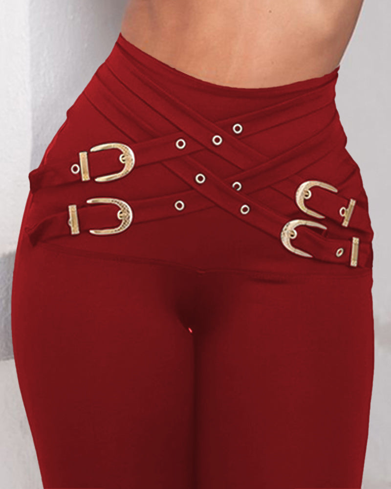 Criss Cross Buckled Decor High Waist Skinny Pants