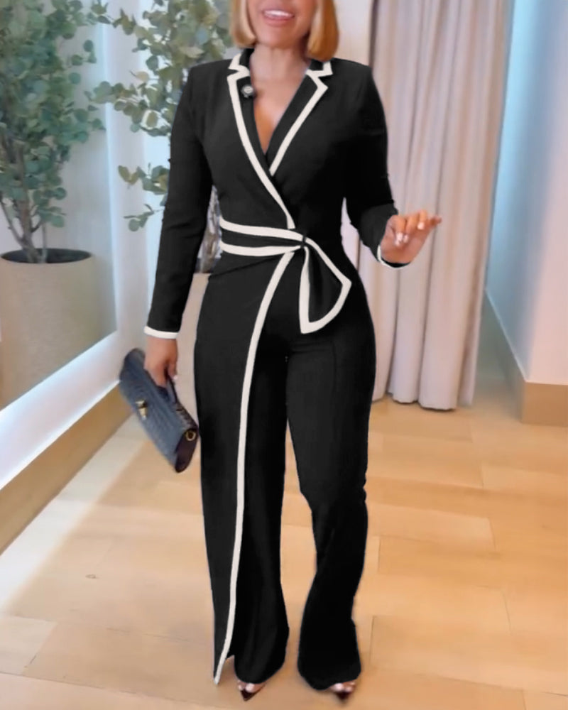 Contrast Paneled Notched Collar Padded shoulders Work Jumpsuit Casual Zipper Back Wrap Front Jumpsuit