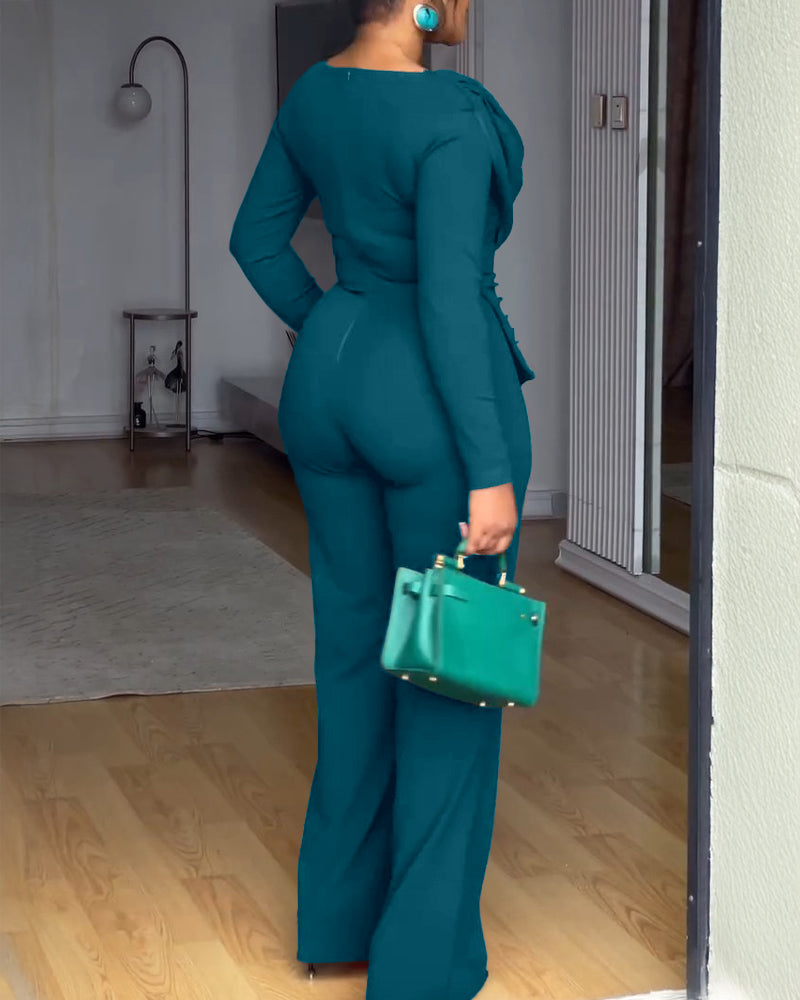 Cowl Neck Asymmetrical Textured Patchwork Cinched Waist Jumpsuit Casual Zipper Back Wide Leg Jumpsuit