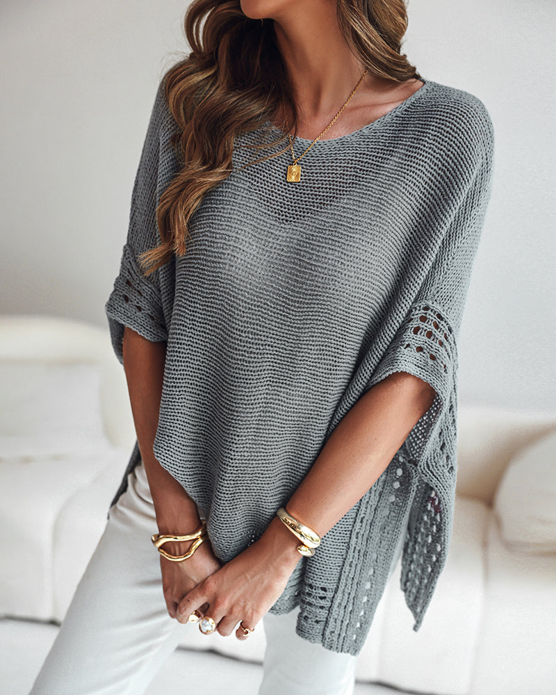 Solid Batwing Sleeve Hollow-out Crochet Pattern Top Casual Cover Up