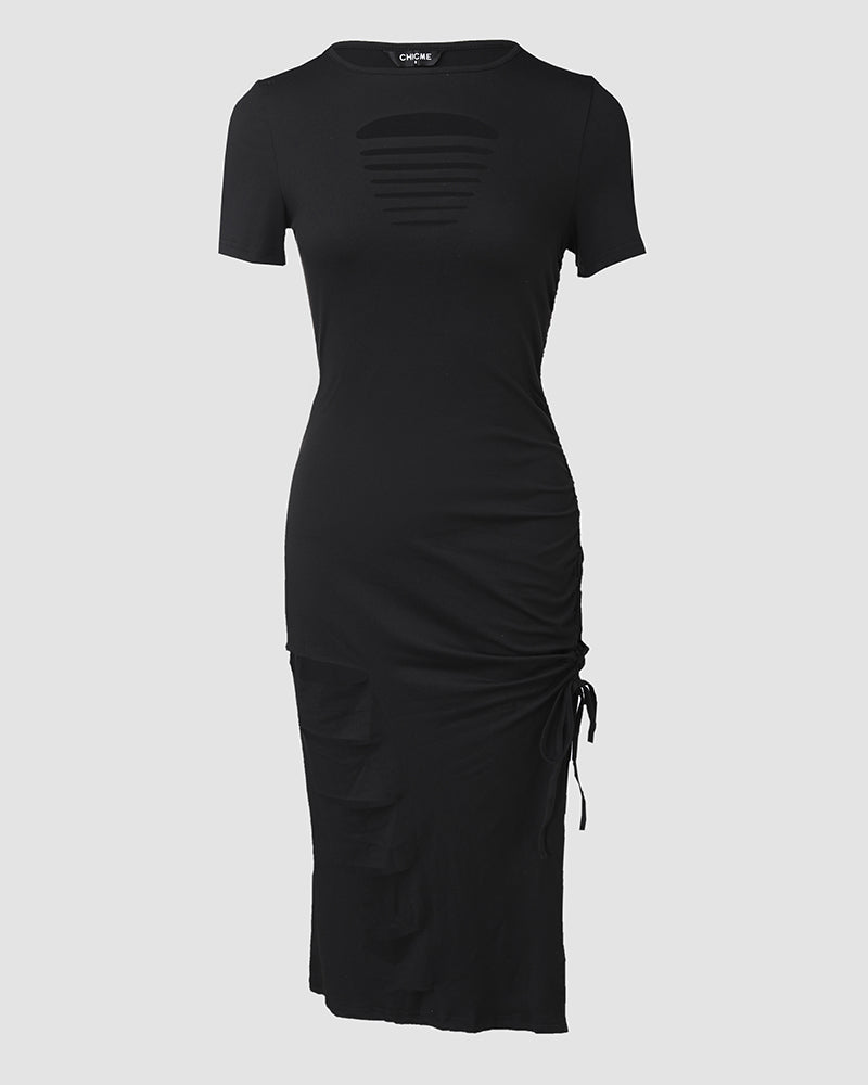 O-neck Short Sleeve Solid Color Cut-Out Ruched Drawstring Bodycon Dress with Side Slit