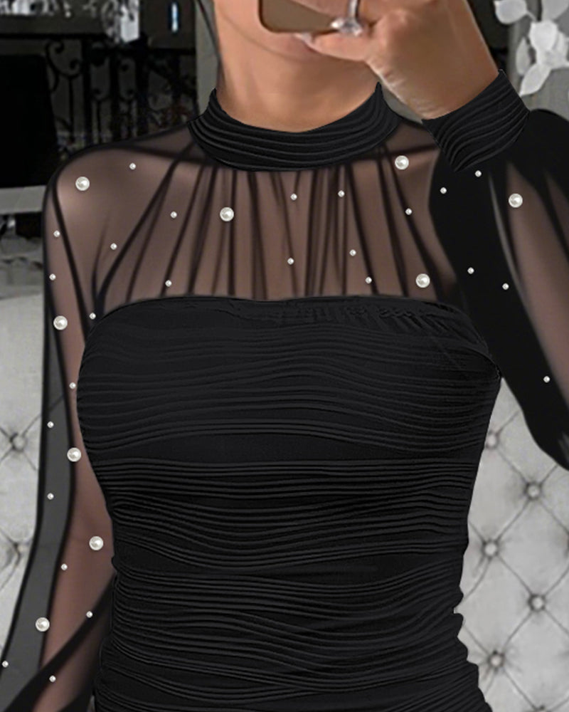 Pearls Decor High Neck Sheer Mesh Spliced Ruched Tee Hollow-out Back Slim Fit Textured Top