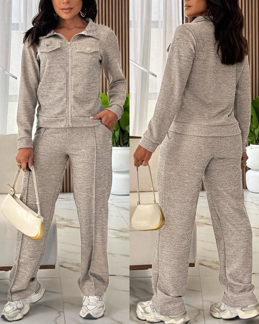 Women's Casual Tracksuit Set Zip Up Long Sleeve Lapel Jacket and High Waisted Straight Leg Pants Lounge Set with Pockets