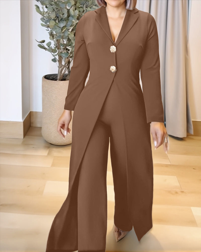 Notched Collar Long Sleeve Button Front Jumpsuit Casual Cinched Waist Wide Leg Faux Two-Piece Jumpsuit