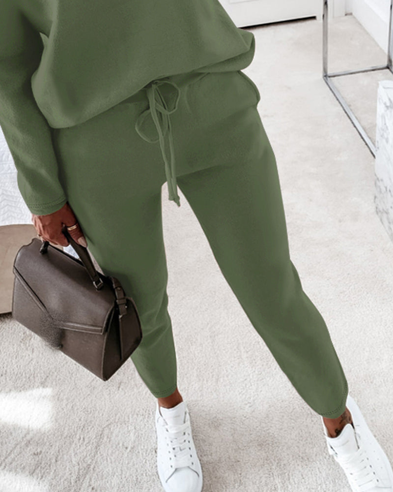 2 Pieces Outfit Long Sleeve Skew Neck Pullover Top and Drawstring Elastic Waist Slim Fit Pants Set