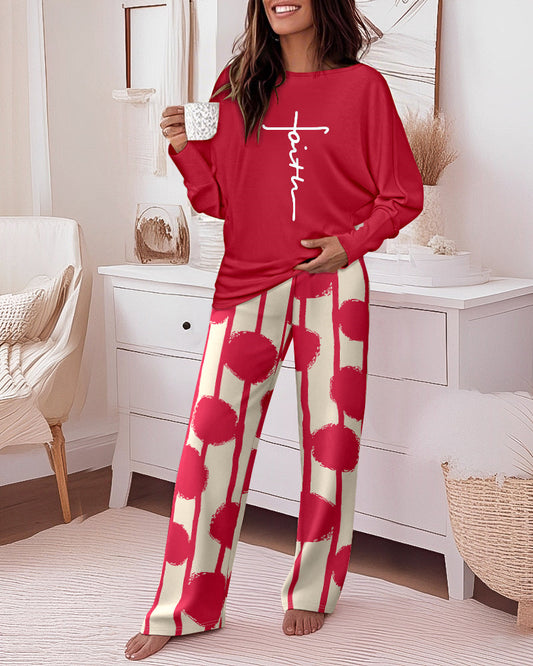 2 Pieces Outfit Letter Print Batwing Sleeve Loose Top and Striped & Polka Dot Print Elastic Waist Pants Set Casual Pajamas Set