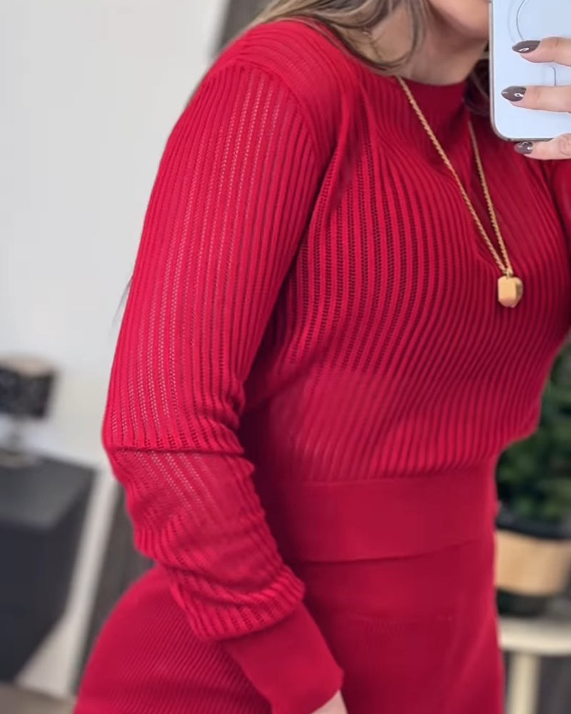 Round Neck Long Sleeve Vertical Pit Texture Top and Casual Wide Leg Pants Set