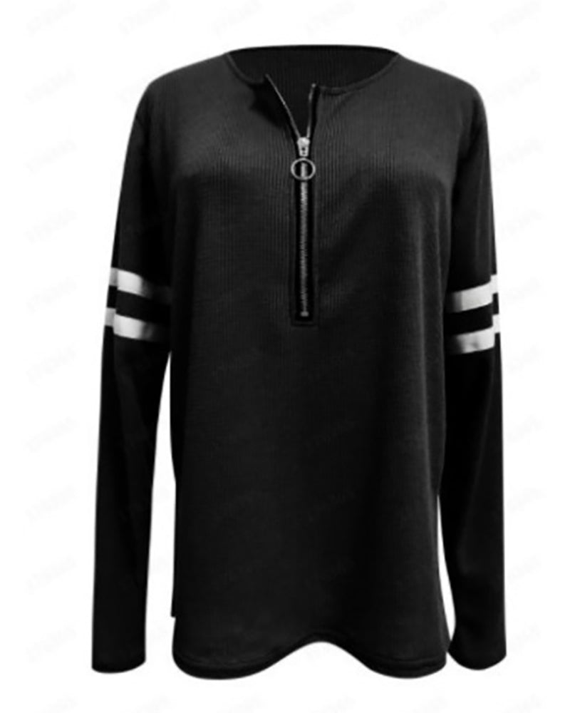 Striped Print Zipper Front Long Sleeve Top Waffle Knit Loose Fitting Tunic Tops