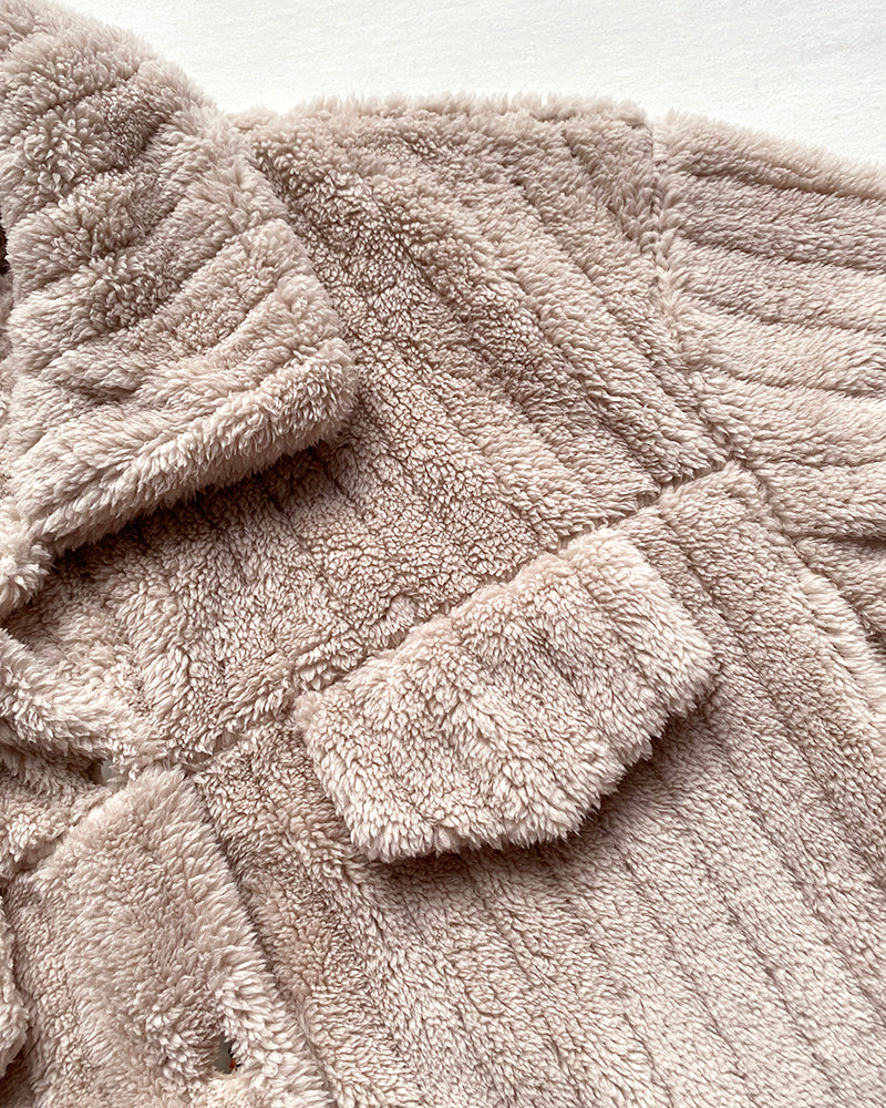 Textured Striped Turn-down Collar Button Front Elastic Cuff and Hem Teddy Fleece Jacket With Decorative Flap Pockets