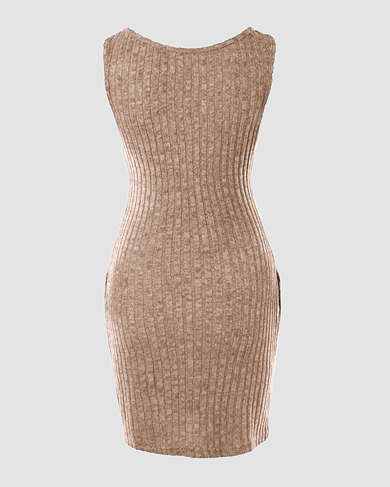 Pocket Design Ribbed Tank Dress Sleeveless Button Front Pullover Bodycon Mini Dresses