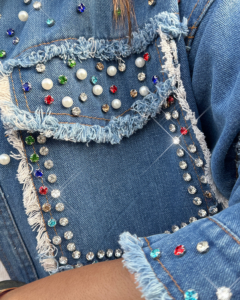 Colorful Rhinestone & Pearls Decor Turn-down Collar Long Sleeve Jacket Casual Front Button Raw Hem Denim Coat with Pockets