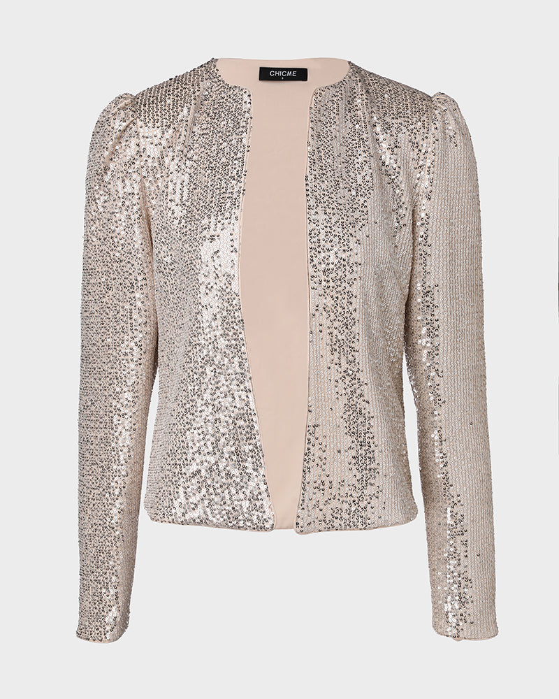 Sparkly Sequin Open Front Puff Sleeve Blazer Coat