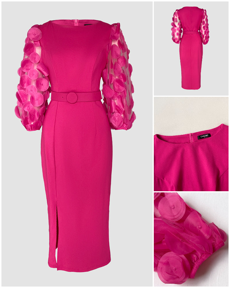 3D Polka Dot Appliques Mesh Lantern Sleeve Zipper Back Slit Work Dress Cinched Waist Slim Fit Mid-Length Dress With Belt