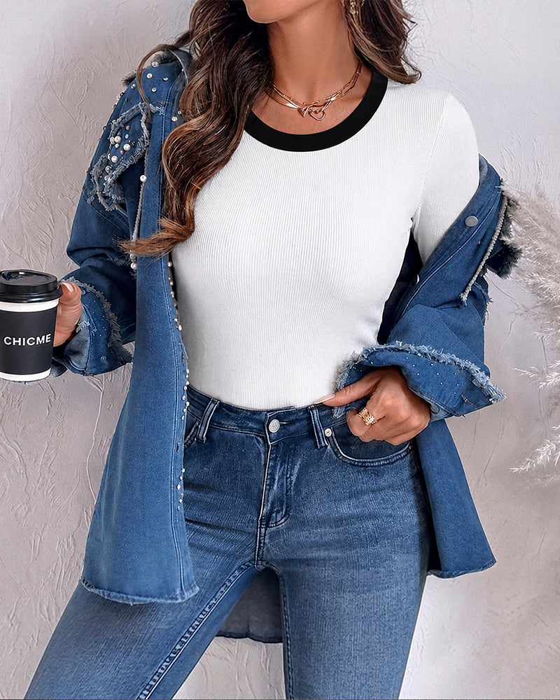 CHICMELIVE Women's Ribbed Long Sleeve Shirts Contrast Crewneck Fitted Basic Tee