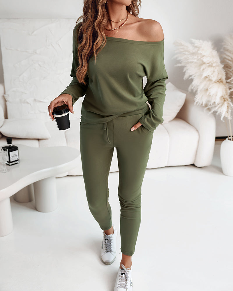 2 Pieces Outfit Long Sleeve Skew Neck Pullover Top and Drawstring Elastic Waist Slim Fit Pants Set