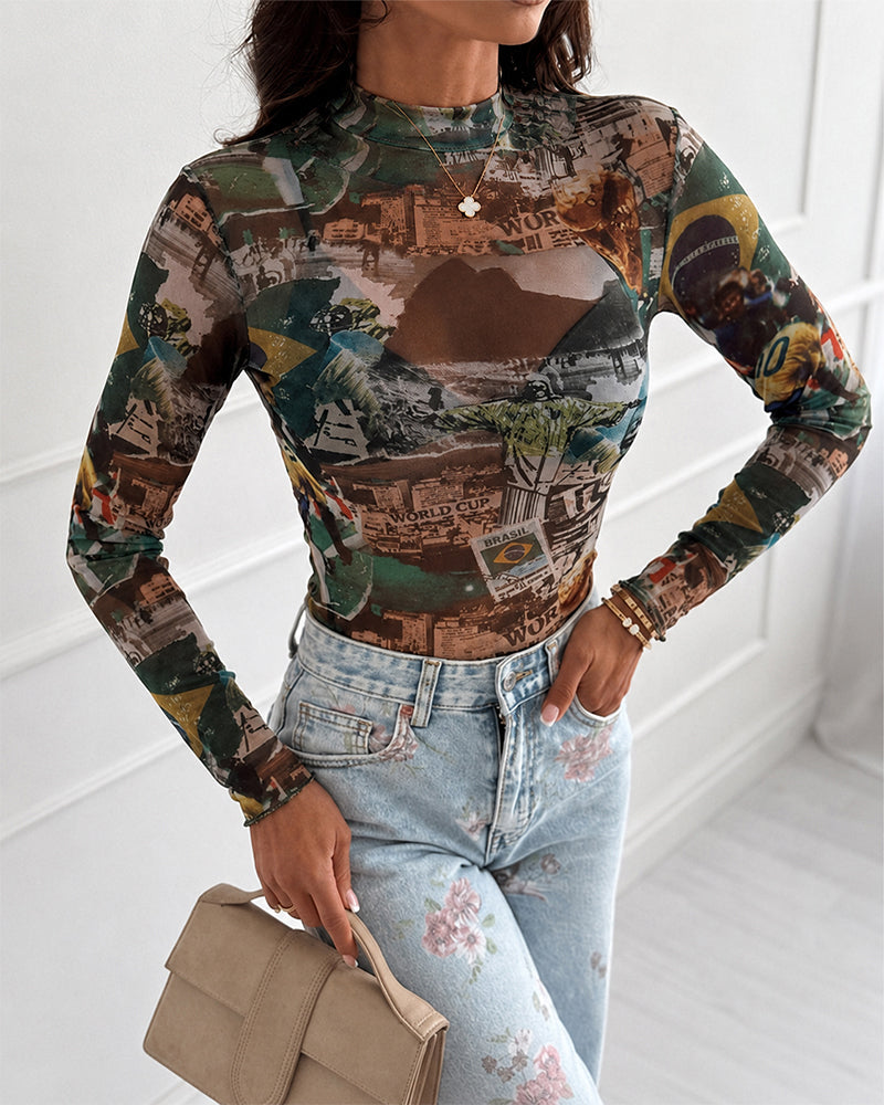 Women's Y2K Vintage Print Sheer Mesh Top Slim Fit Mock Neck Sexy Tee Shirt Lettuce Trim Long Sleeve Blouse