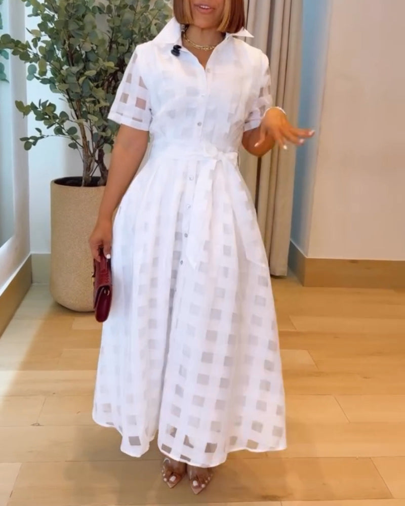 Turn-down Collar Plaid Mesh Double-Layered Cinched Waist Maxi Dress Button Down Bow Tie Waist Commuting Dress