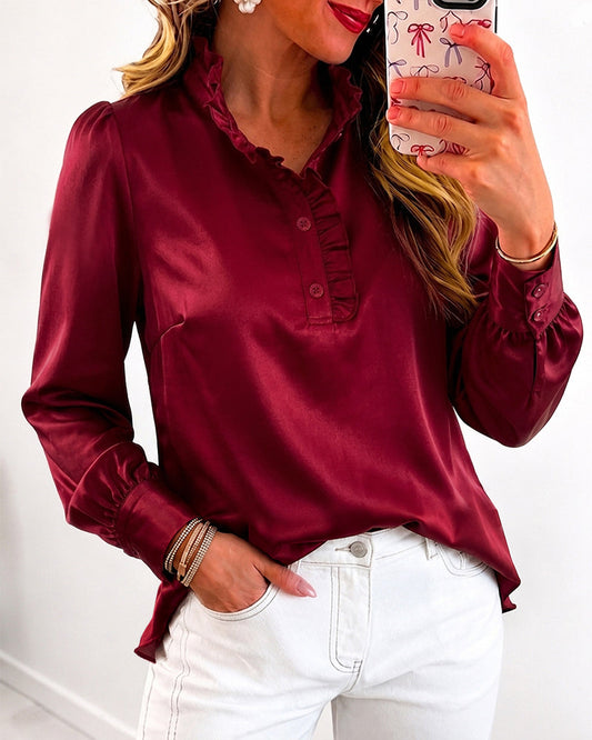 Women's Satin Frill Hem Blouse Long Sleeve Half Button Shirt Elegant Stand Collar Office Work Top