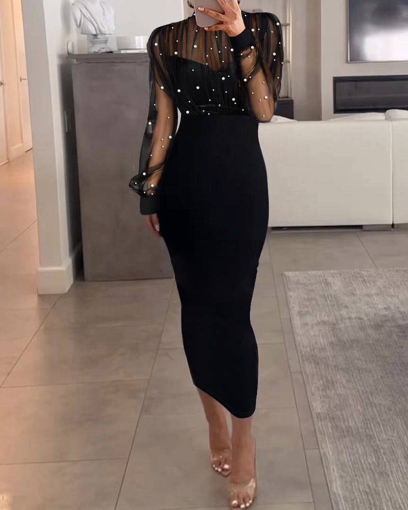 Mock Neck Sheer Mesh Spliced Beaded Bodycon Dress Zipper Back Slit Party Dress