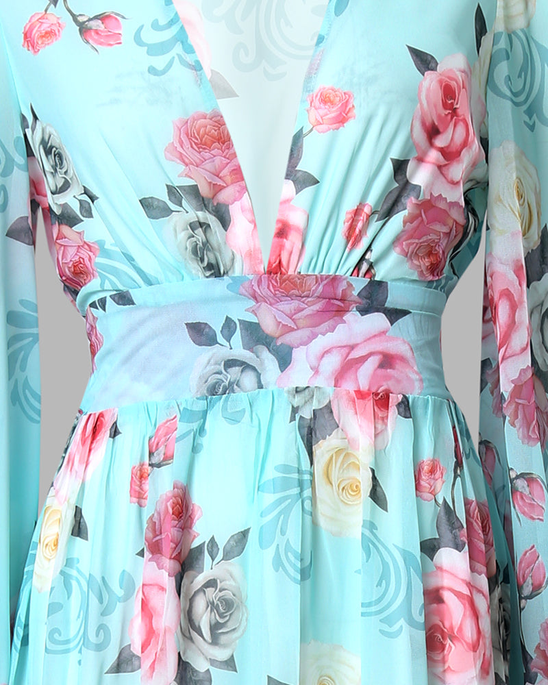 Floral Print Deep V Neck Lantern Sleeve Cinched Waist Maxi Dress Shirred Back Ruffle Hem A Line Dress