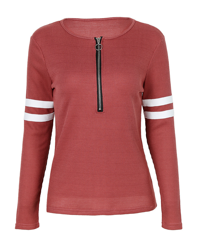 Striped Print Zipper Front Long Sleeve Top Waffle Knit Loose Fitting Tunic Tops