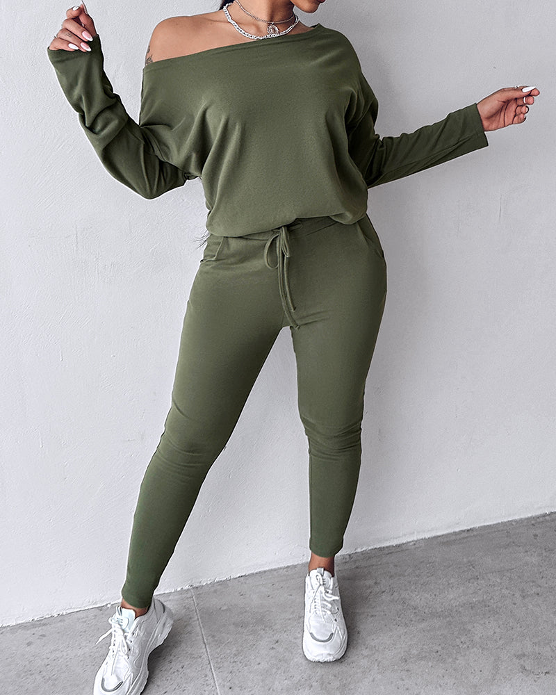 2 Pieces Outfit Long Sleeve Skew Neck Pullover Top and Drawstring Elastic Waist Slim Fit Pants Set