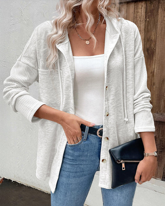 Long Sleeve Knit Ribbed Spliced Button Front Drawstring Hoodie Jacket Casual Drop Shoulder Pocket Design Asymmetrical Hem Coat