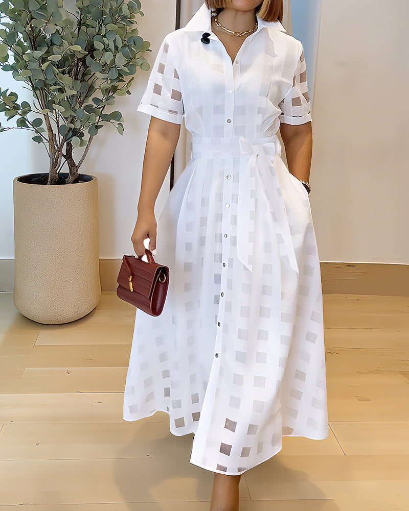 Turn-down Collar Plaid Mesh Double-Layered Cinched Waist Maxi Dress Button Down Bow Tie Waist Commuting Dress