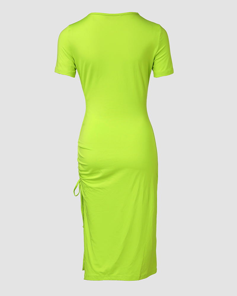 O-neck Short Sleeve Solid Color Cut-Out Ruched Drawstring Bodycon Dress with Side Slit
