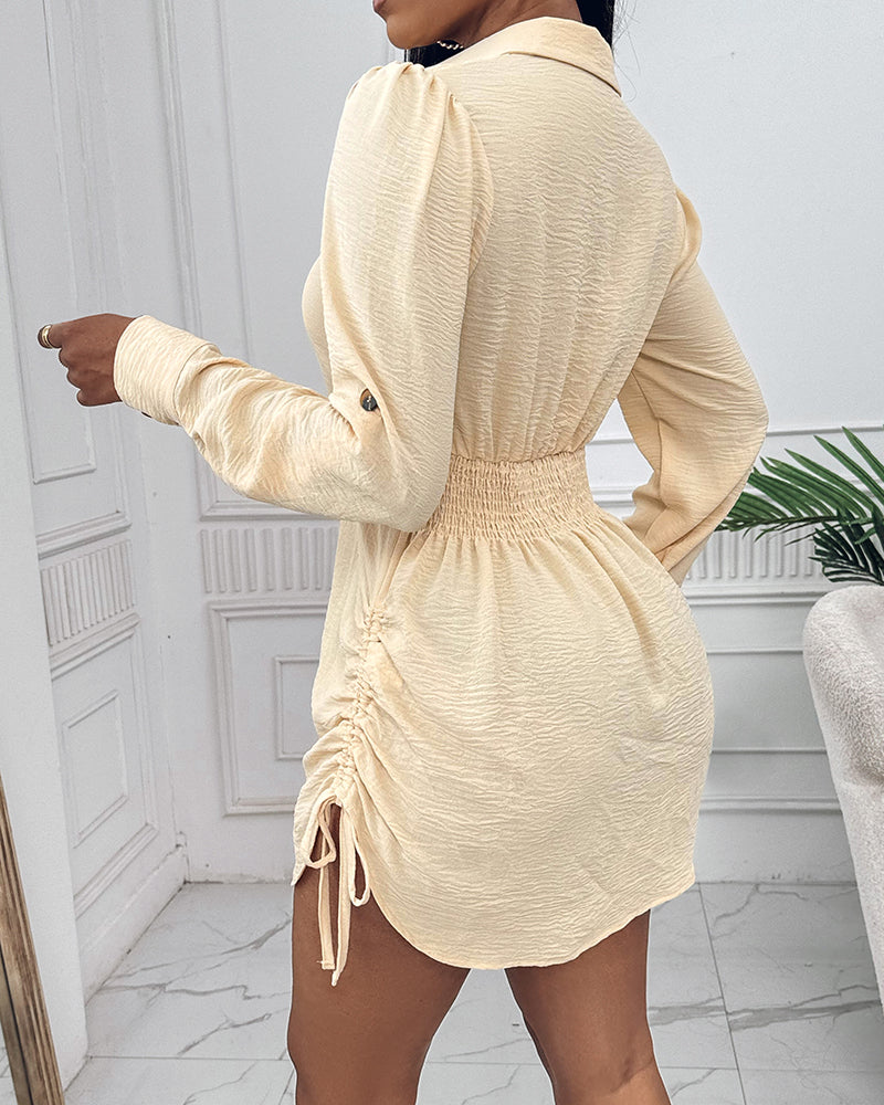 Button Down Shirt Dress Roll Tab Sleeve Side Drawstring Mini Dresses