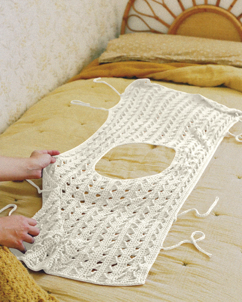 Round Neck Sleeveless Hollow-out Crochet Sweater Casual Tie Side Breathable Crop Top