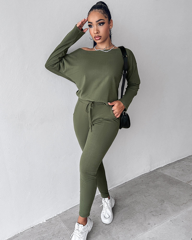 2 Pieces Outfit Long Sleeve Skew Neck Pullover Top and Drawstring Elastic Waist Slim Fit Pants Set