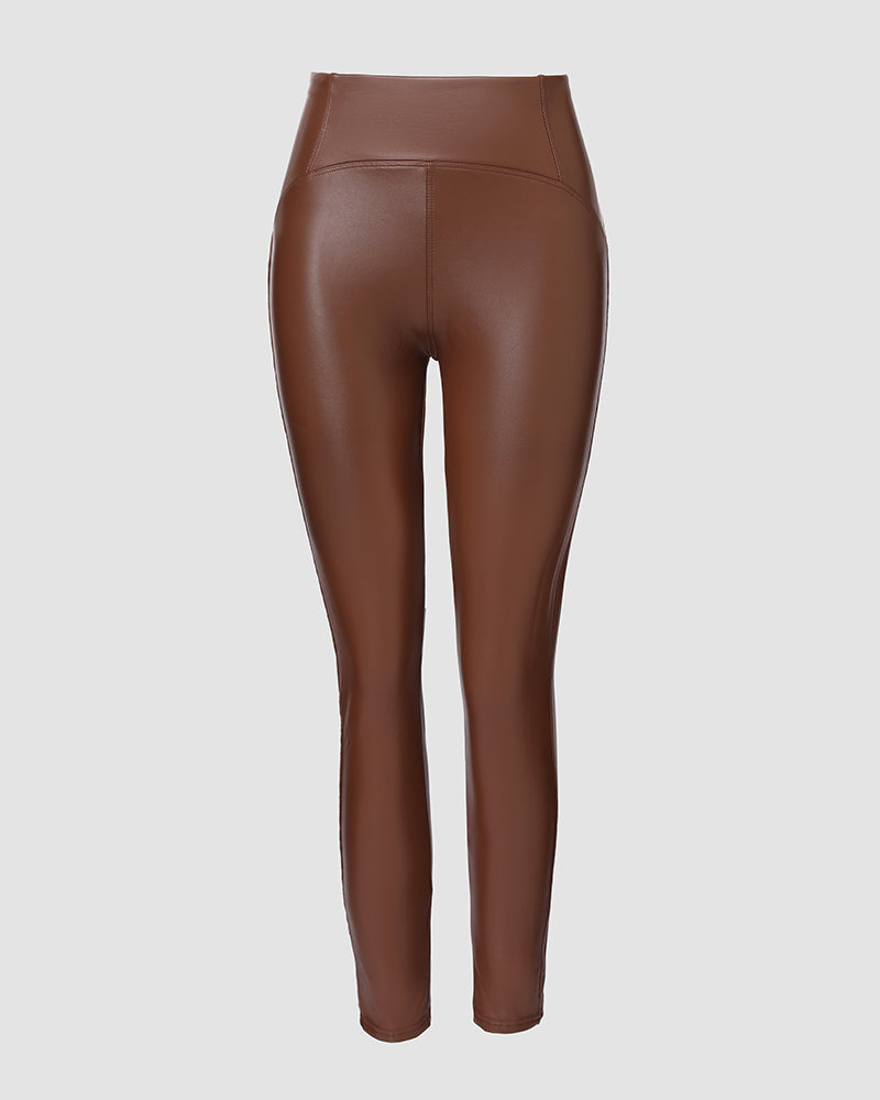ChicMe CurveEase PU Leather Leggings High Waist Curved Fleece Lined Tights Casual Pants