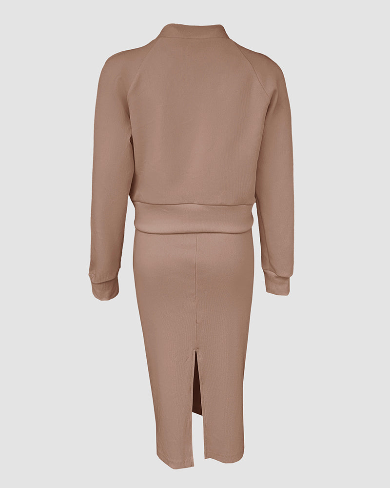2 Pieces Outfit U-Neck Slit Back Slim Fit Knit Tank Dress and Pearl Button Front Baseball Coat Casual Ribbed Set