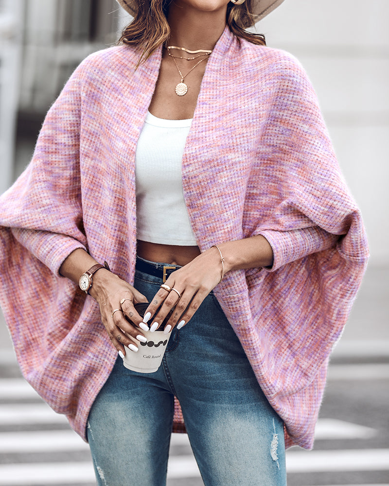 Colorful Waffle Knit Open Front Coat Batwing Long Sleeve Cardigan