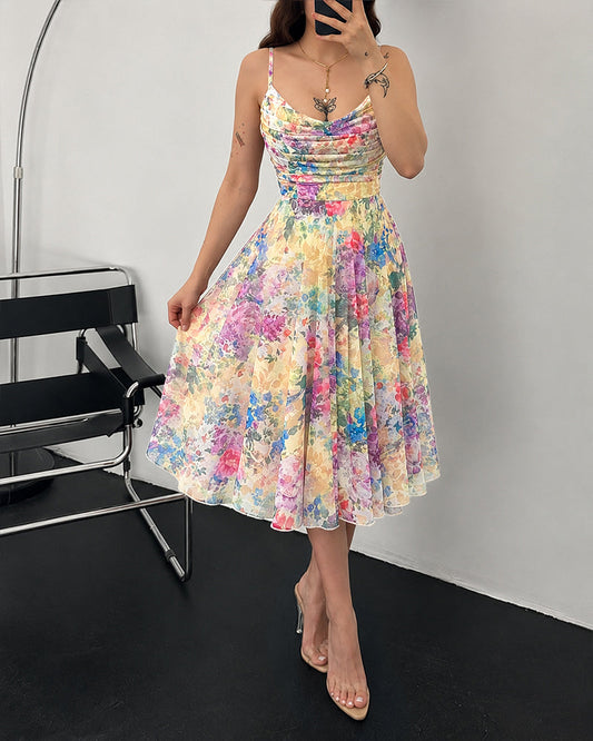 Women's Oil Painting Floral Mesh Midi Dress Sexy Cowl Neck Cami Dress High Waisted Ruched Backless A Line Sundress