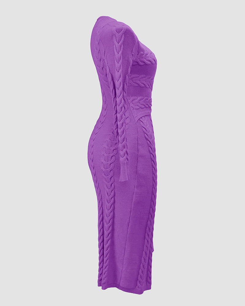 Cable Textured Overlap Deep V-Neck Long Sleeve Mid-Length Dress Tie Waist Slim Fit Knit Dress