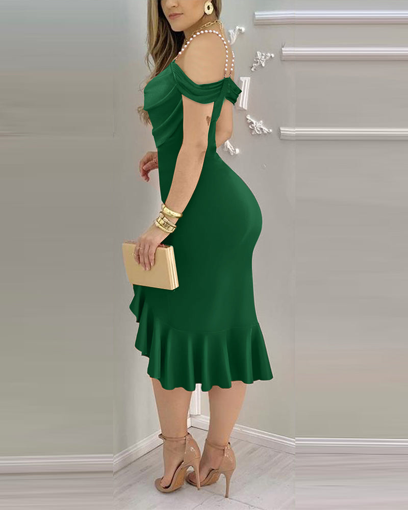 Cold Shoulder Pearls Straps Bodycon Dress Cowl Neck Asymmetrical Ruffle Hem Party Dress