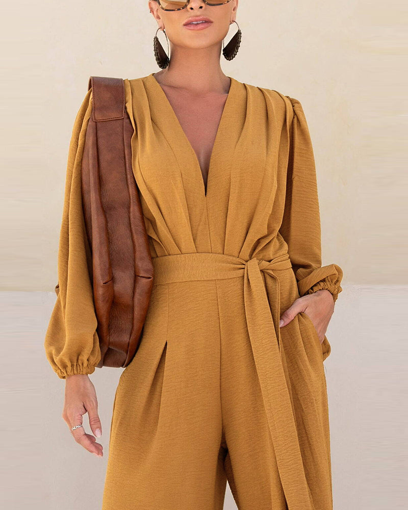 Deep V Neck 3D Design Tie Waist Ruched Overalls Casual Cinched Waist Zipper Back Textured Jumpsuit with Belt