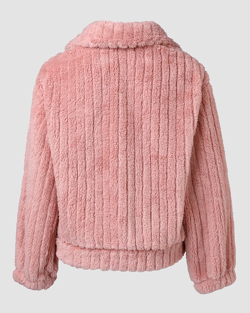 Textured Striped Turn-down Collar Button Front Elastic Cuff and Hem Teddy Fleece Jacket With Decorative Flap Pockets
