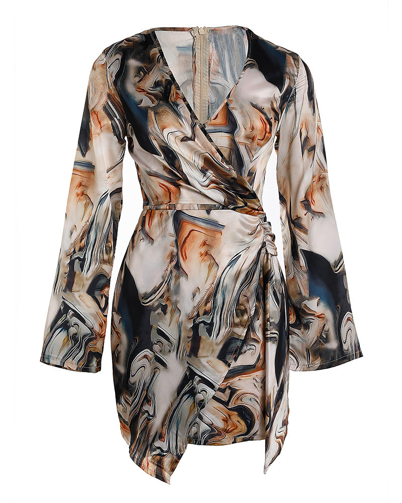 Marble Print Overlap V-Neck Wrap Front Ruched Vacation Dress Casual Cinched Waist Zipper Back Mini Dress