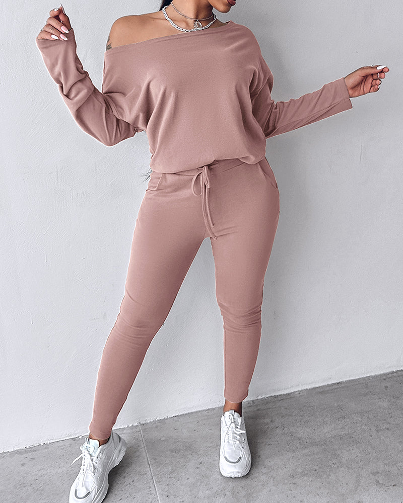 2 Pieces Outfit Long Sleeve Skew Neck Pullover Top and Drawstring Elastic Waist Slim Fit Pants Set