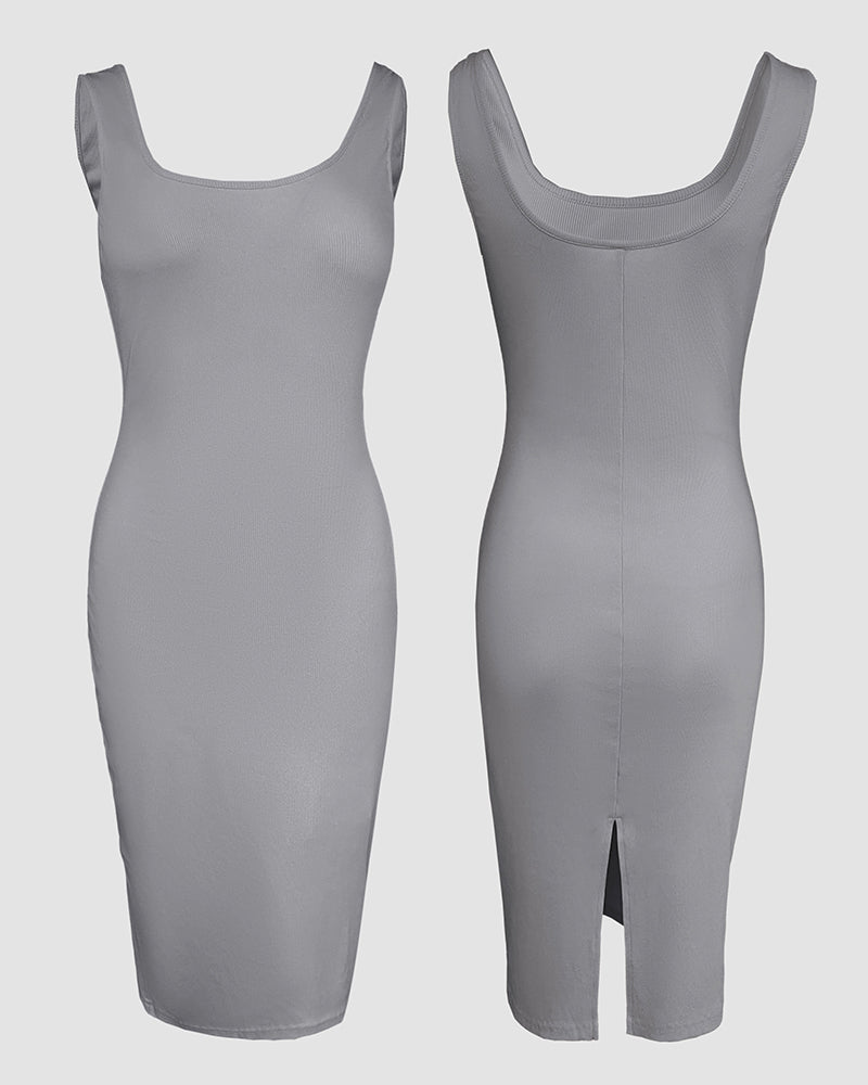 2 Pieces Outfit U-Neck Slit Back Slim Fit Knit Tank Dress and Pearl Button Front Baseball Coat Casual Ribbed Set