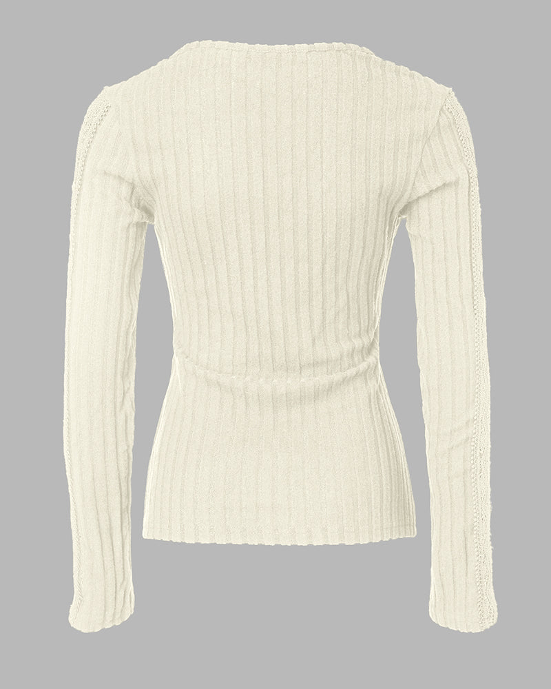 Overlap V-Neck Lace Trim Hollow-out Long Sleeve Tee Slim Fit Ribbed Layering Top