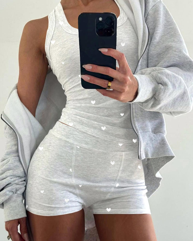 2 Pieces Outfit Heart Print U Neck Sleeveless Tank Top and Casual Strechy Waist Shorts Set Slim Fit Ribbed Pajamas Set
