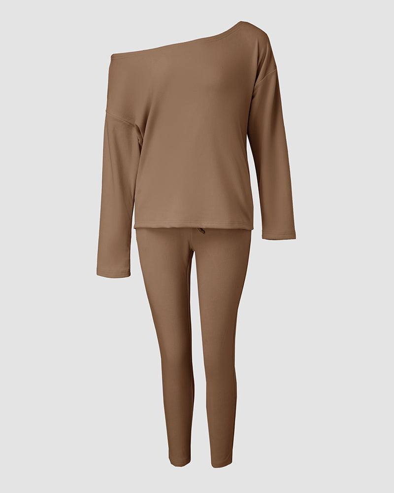 2 Pieces Outfit Long Sleeve Skew Neck Pullover Top and Drawstring Elastic Waist Slim Fit Pants Set